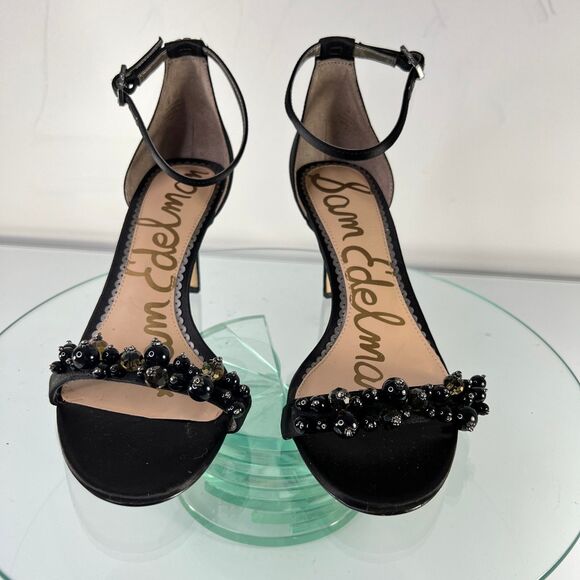 Sam Edelman Platt Heel Sandals Black Beaded Open Toe Ankle Strap Satin - Picture 2 of 7